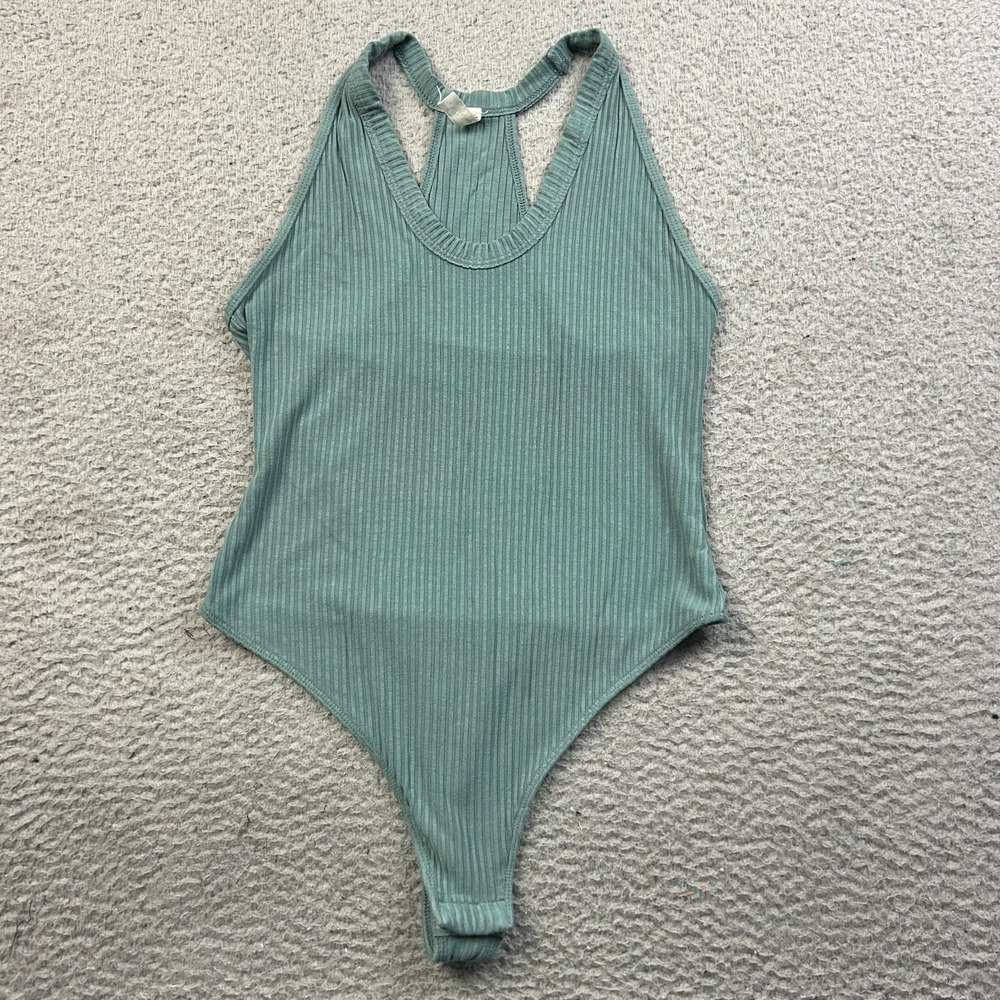 Free People Intimately Womens Small Sage Green Ribbed Racerback Bodysuit Thong